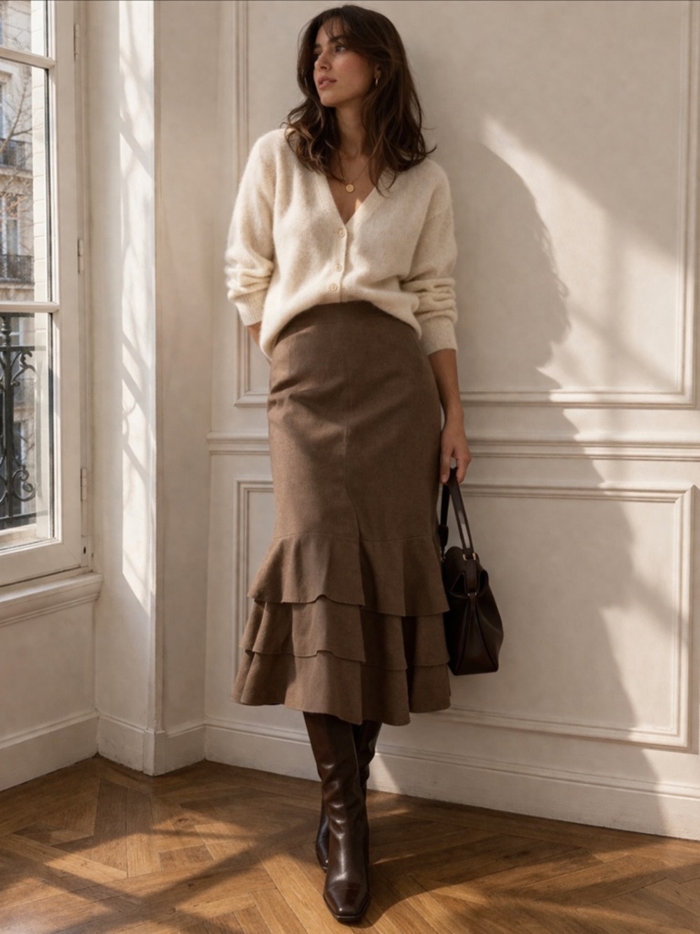 Vintage French Wool Mermaid Skirt Brown High Waist Ruffle Hem Paris Made Minimal